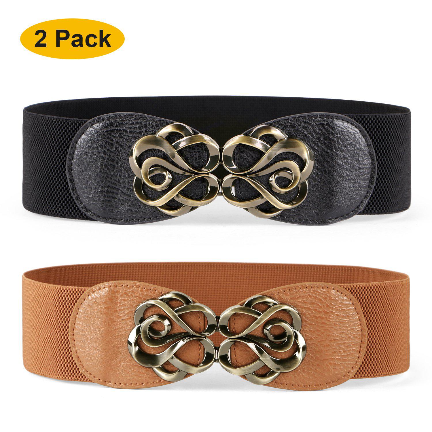 JASGOOD 2 Pack Women Wide Elastic Waist Belt Stretch Leather Belts for  Ladies Dresses