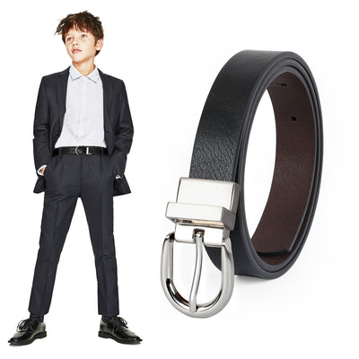 JASGOOD Kids Leather Reversible Belt, Boys Casual Belt for Jeans School Uniform with Rotated Buckle 