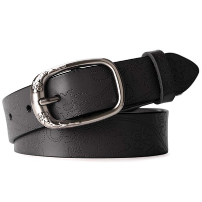 Classic Women Leather Belts for Jeans Floral Embossed Waist Strap with Pin Buckle 
