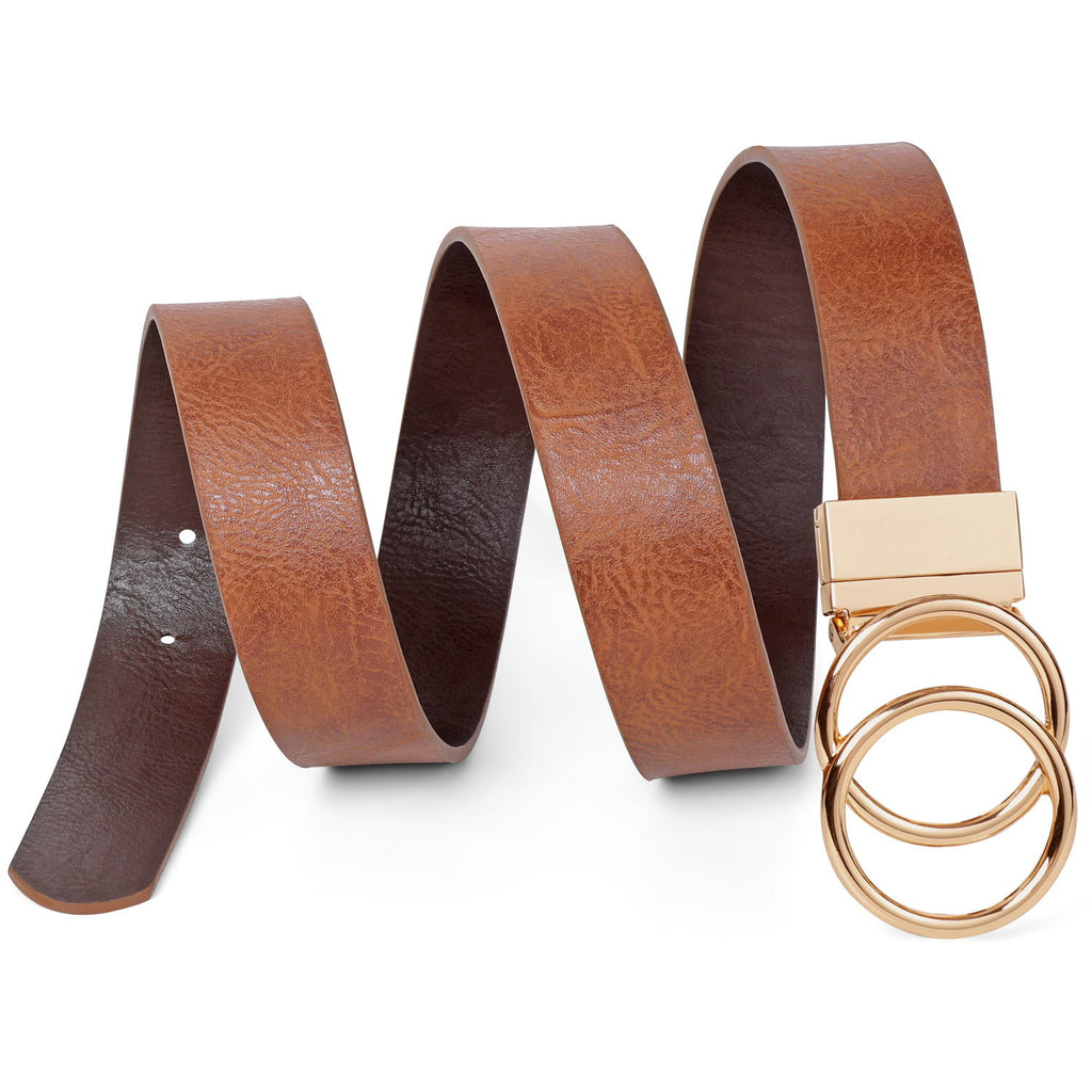 JASGOOD Women's belt with  golden double O-ring rotating buckle， reversible belt, jeans belt leather belt 