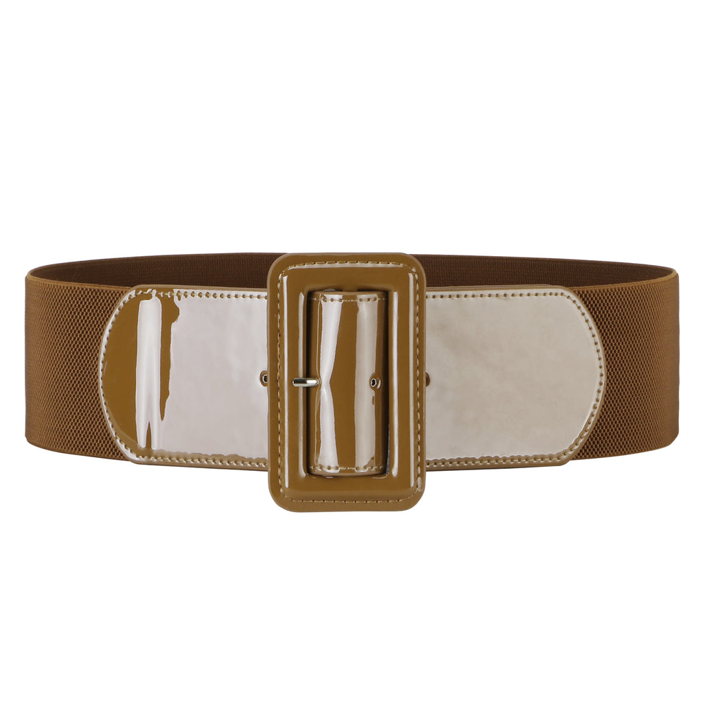 Women Stretchy Waist Belt Patent Leather 2.95” Wide Simple Square Buckle by JASGOOD 