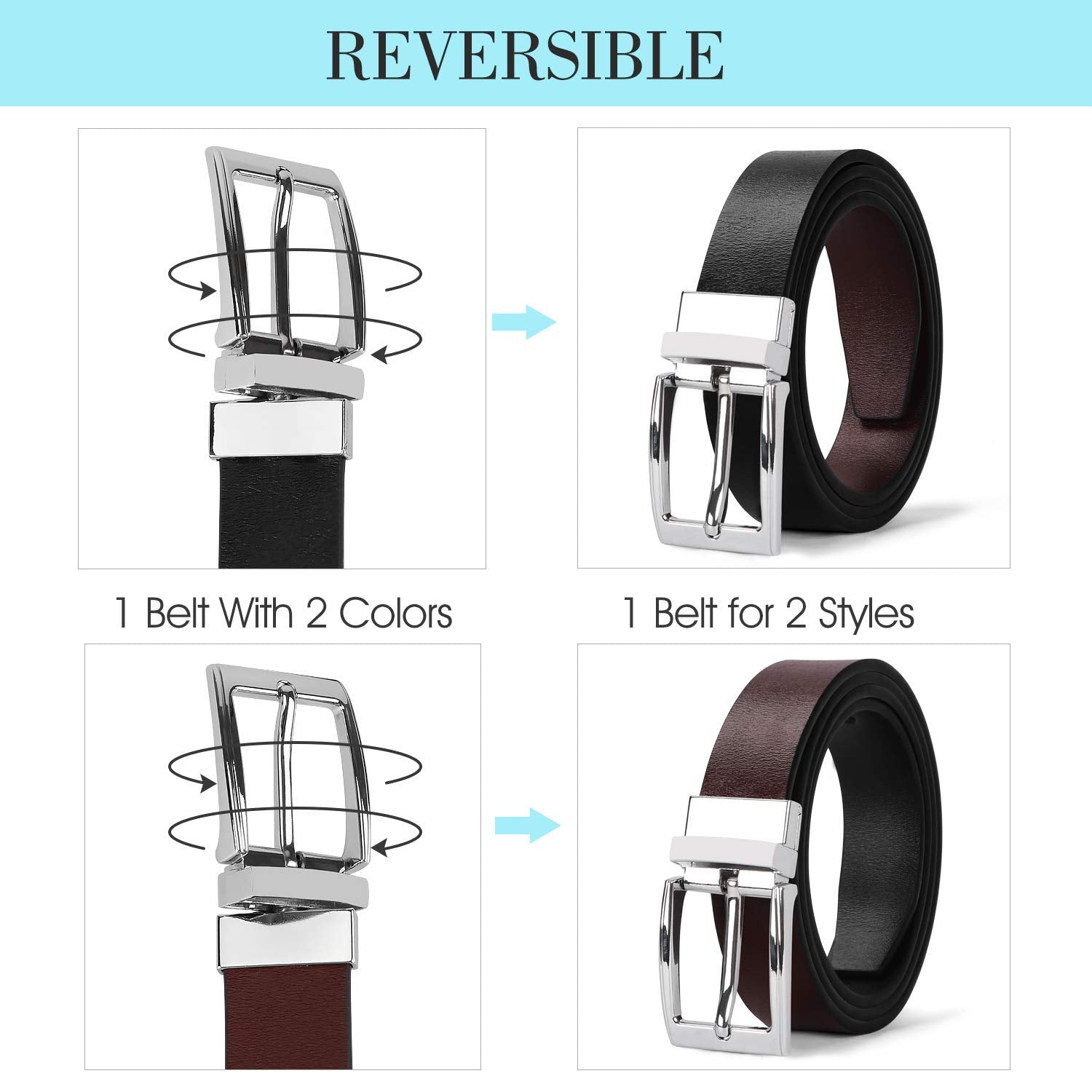 Women Leather Reversible Belt, Ladies Belt for Jeans with Rotated Buckle by JASGOOD 