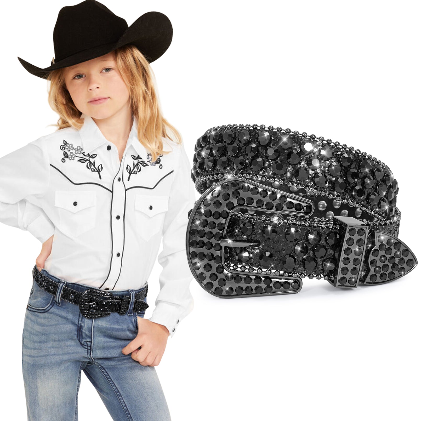 Kids Fashion Rhinestone Shiny Crystal Studded Leather Belts - JASGOOD OFFICIAL