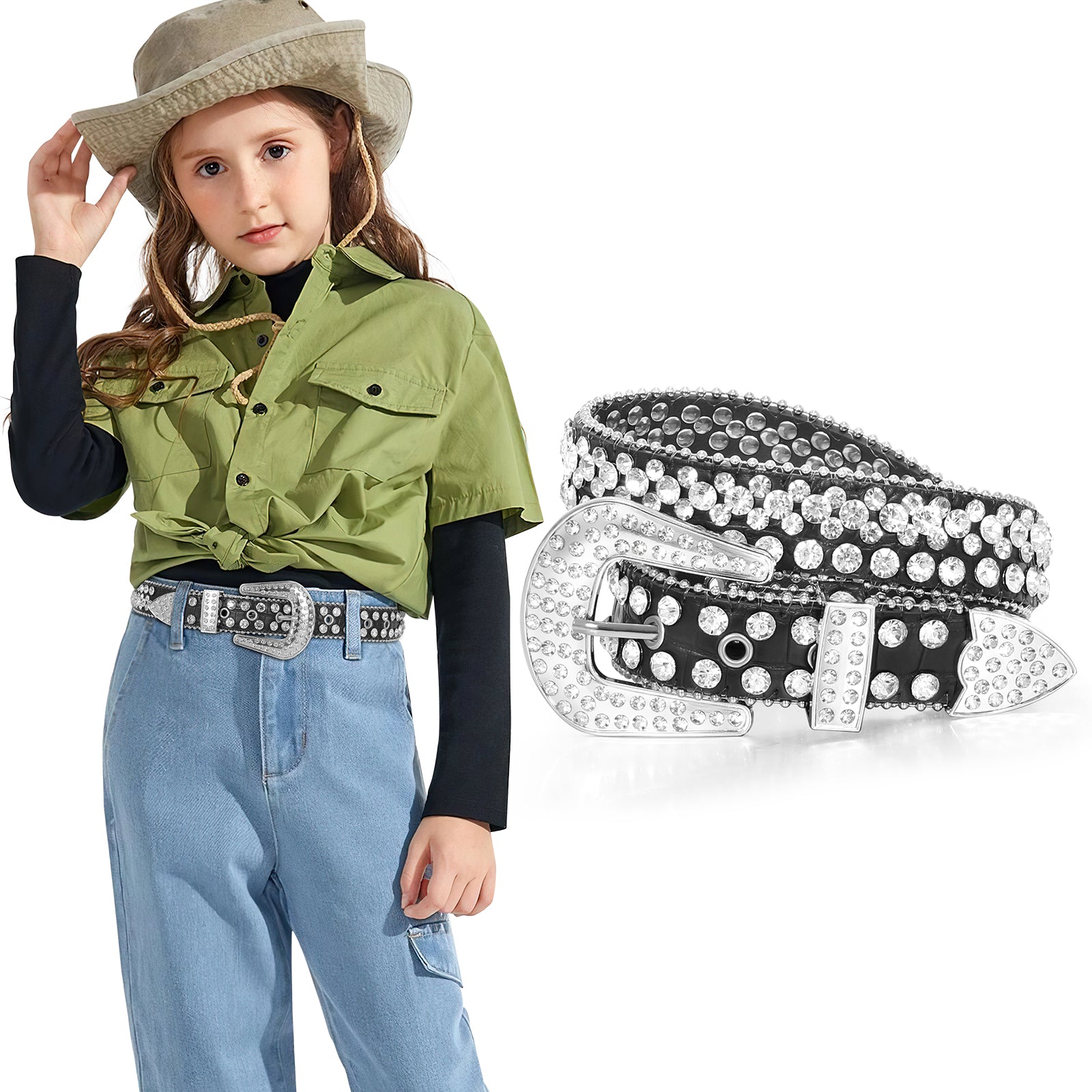 Rhinestone Belt for Men Women Western Cowboy Cowgirl Bling Studded Leather Belt for Jeans Pants - JASGOOD OFFICIAL