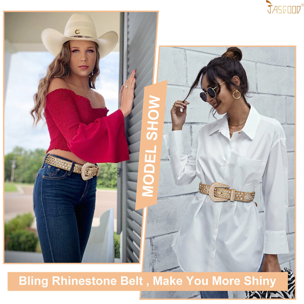 JASGOOD Women's Rhinestone Belts Fashion Western Crystal Bling Studded Design Leather Belt - JASGOOD OFFICIAL