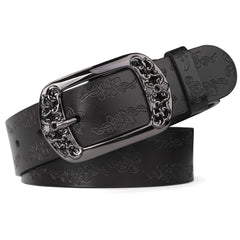 Western Fashion Leather Belts For Women With Vintage Hollow Flower Buckle 
