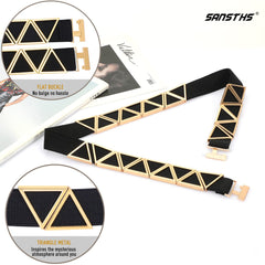 High Waist Elastic Belt ,Women Stretch Belt Flat Gold Buckle with Triangle Metal