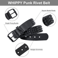 Punk Rivet Studded Belt Goth Row Pyramid Square Bead PU Leather Vintage Punk Rock Grommet Belt for Jeans Pants