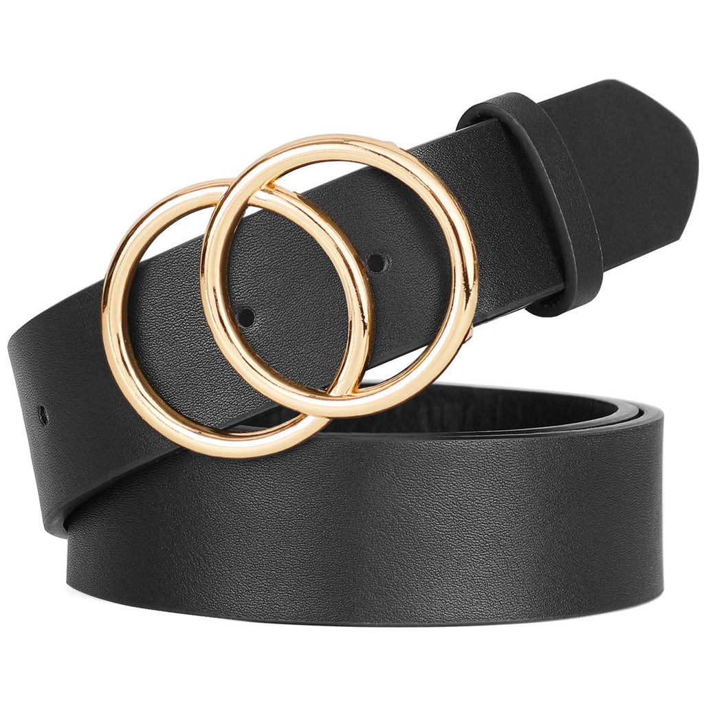 Women Leather Belt Fashion Faux Leather Waist Belt with Double O-Ring Buckle for Jeans Pants Dresses