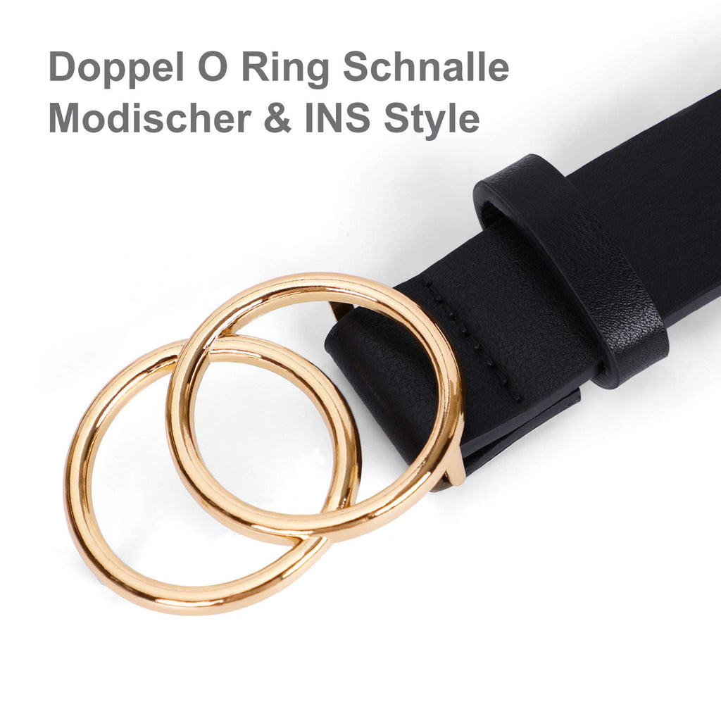 Women Leather Belt Fashion Faux Leather Waist Belt with Double O-Ring Buckle for Jeans Pants Dresses
