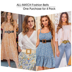 Set of 4 Straw Woven Elastic Stretch Waist Belts for Women, Fashion Boho Ladies Braided Skinny Dress Belt
