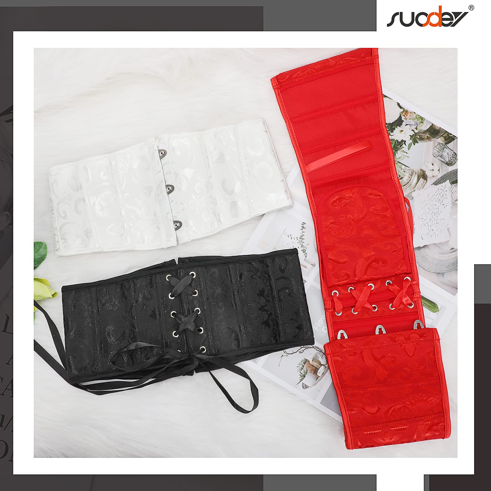 Women's Jacquard Brocade Corset Waist Belt, Underbust Steel Boned Lace Up Satin Bustier Waspie Belt by Jasgood - JASGOOD OFFICIAL