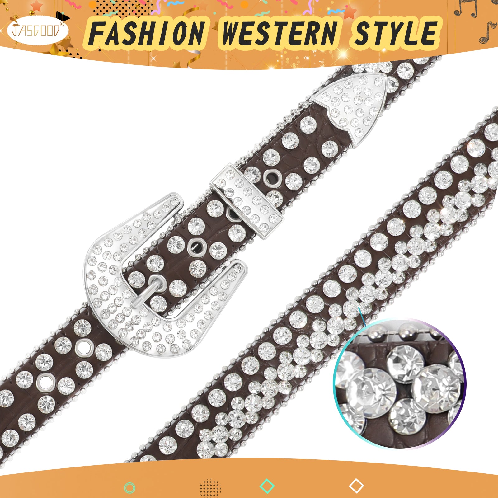 Rhinestone Belt for Men Women Western Cowboy Cowgirl Bling Studded Leather Belt for Jeans Pants - JASGOOD OFFICIAL