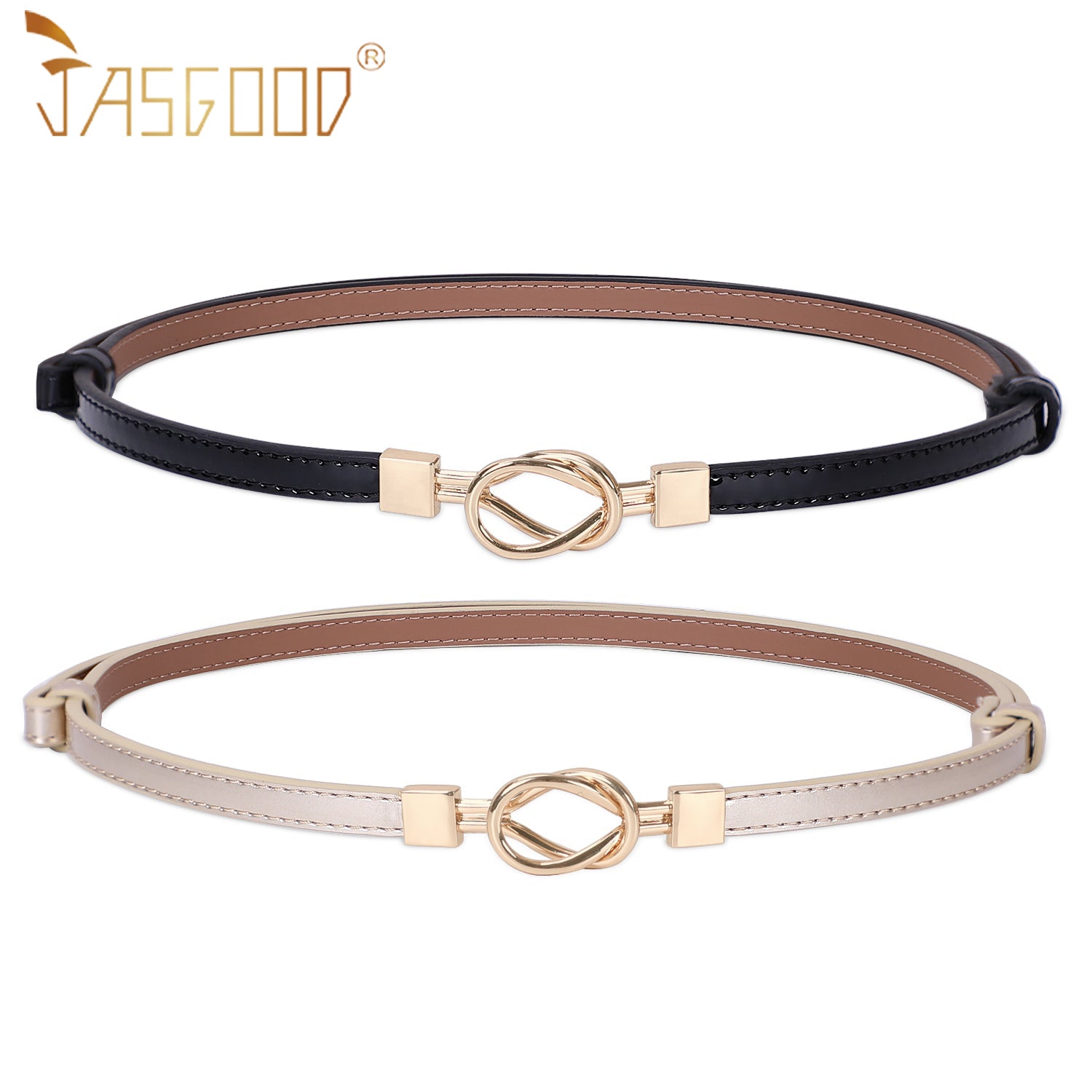 Leather Skinny Women Belt Thin Waist Belts for Dresses Up to 37" with Interlocking Buckle 2 Pack