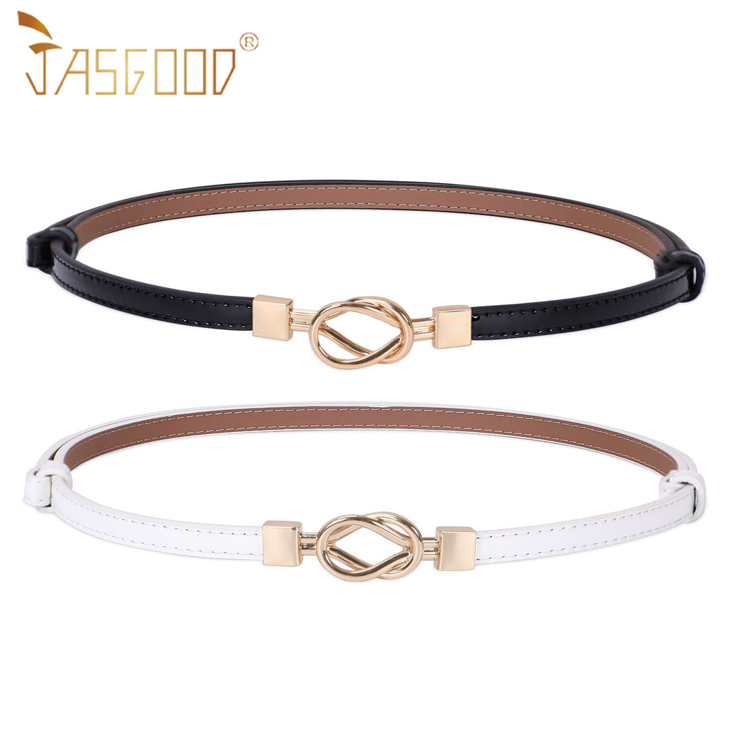 Leather Skinny Women Belt Thin Waist Belts for Dresses Up to 37" with Interlocking Buckle 2 Pack