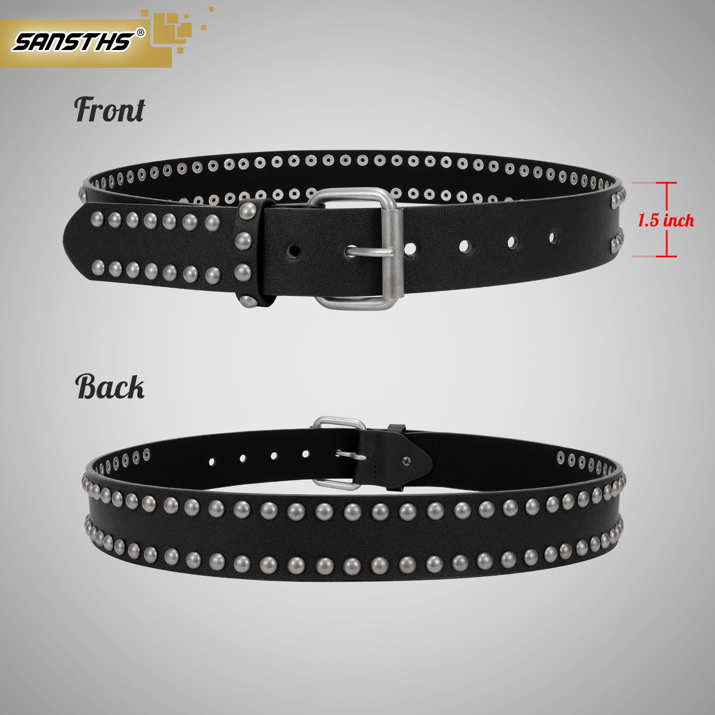 Punk Rivet Studded Belt Goth Row Pyramid Square Bead PU Leather Vintage Punk Rock Grommet Belt for Jeans Pants - JASGOOD OFFICIAL