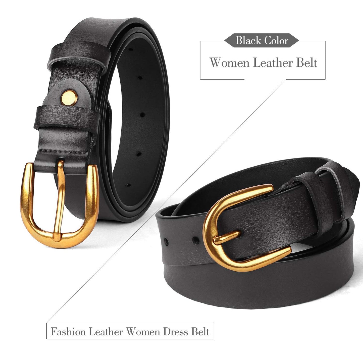 Whippy Women Casual Leather Belt for Jeans, 1.2 Inch Wide with Golden Buckle 