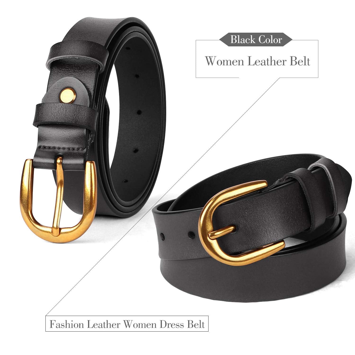 Whippy Women Casual Leather Belt for Jeans, 1.2 Inch Wide with Golden Buckle 