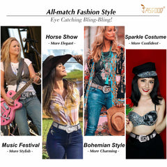 Women Halloween Rhinestone Studded Western Leather Belt Ladies Vintage Bling Cowgirl Waist Belt for Jeans Dress - JASGOOD OFFICIAL
