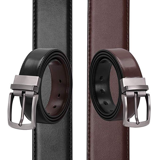 JASGOOD Men's Belt, Leather Reversible Belt for Men Black and Brown Dress Belt Rotate Buckle Gift Box 