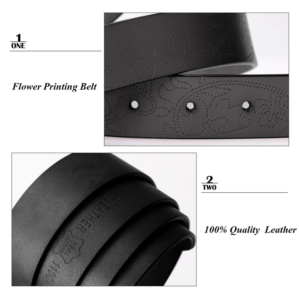 Classic Women Leather Belts for Jeans Floral Embossed Waist Strap with Pin Buckle 