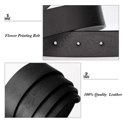 Classic Women Leather Belts for Jeans Floral Embossed Waist Strap with Pin Buckle 