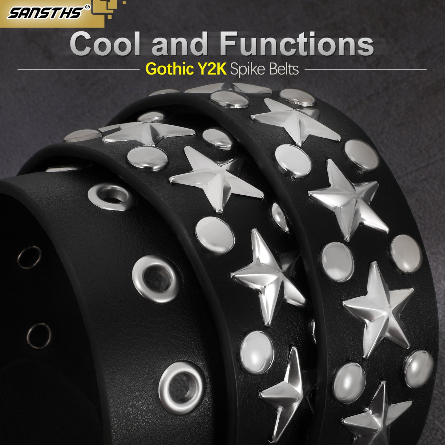 Punk Rivet Studded Belt Goth Row Pyramid Square Bead PU Leather Vintage Punk Rock Grommet Belt for Jeans Pants - JASGOOD OFFICIAL