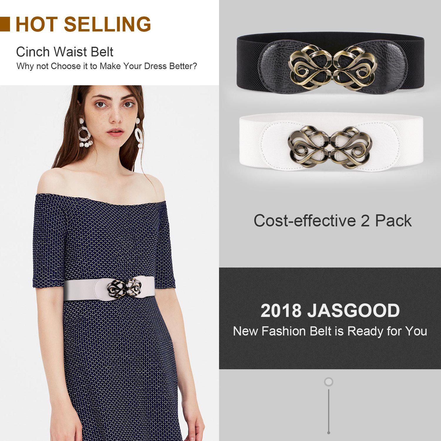 JASGOOD 2 Pack Women Wide Elastic Waist Belt Stretch Leather Belts for  Ladies Dresses
