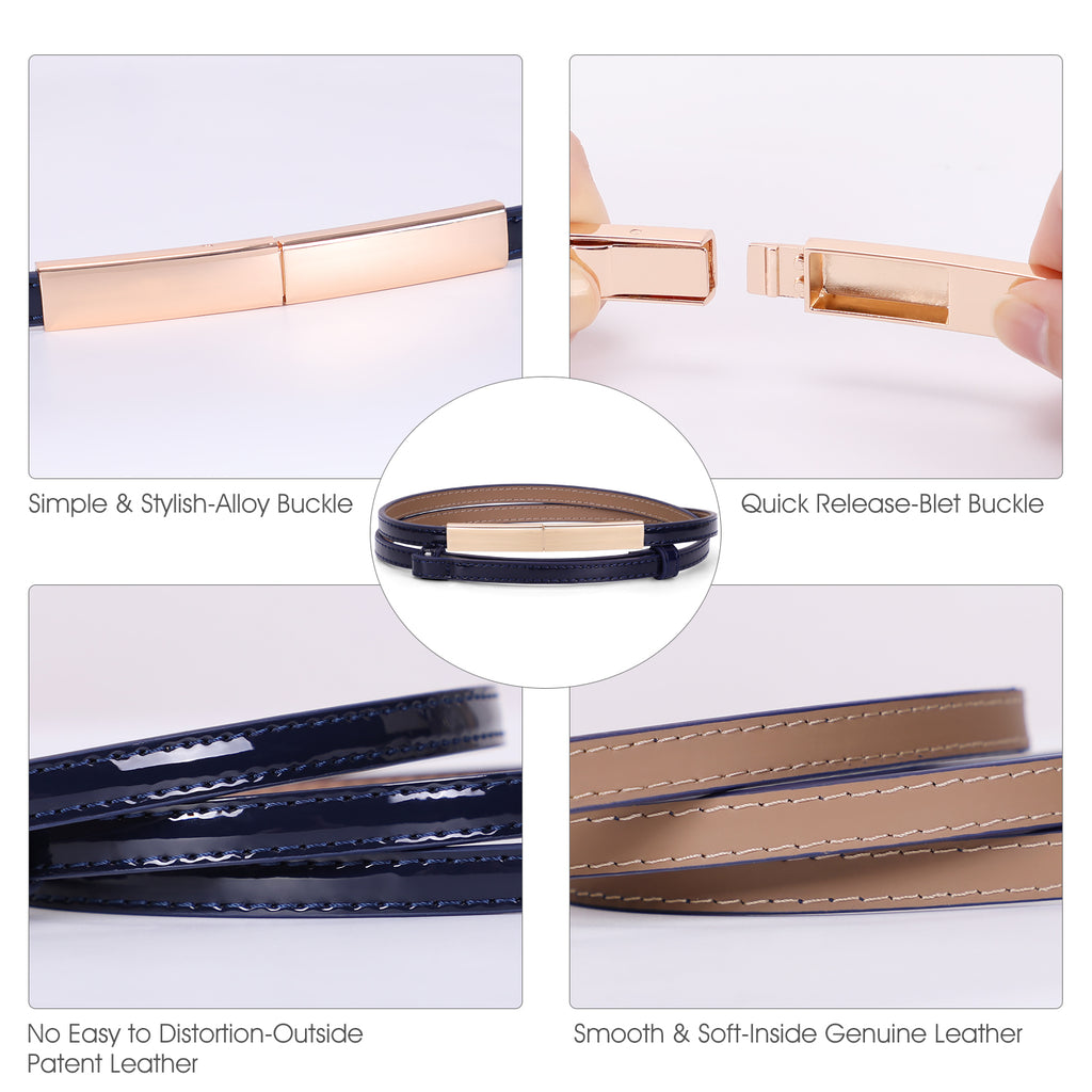 Women’s Skinny Blue  Leather Belt Adjustable Slim Waist Belt with Gold Alloy Buckle for Dress By JASGOOD 