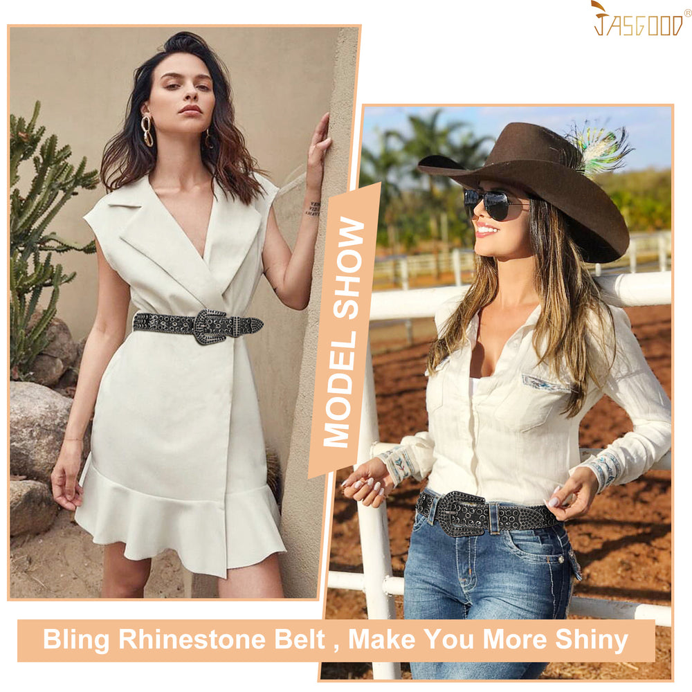 JASGOOD Women's Rhinestone Belts Fashion Western Crystal Bling Studded Design Leather Belt - JASGOOD OFFICIAL
