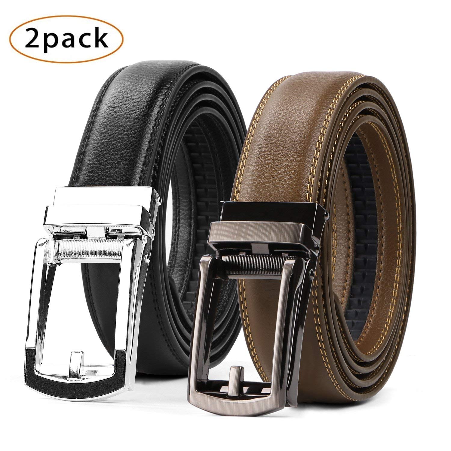 2 Pack Leather Ratchet Dress Belt  with Automatic Buckle for men by JASGOOD