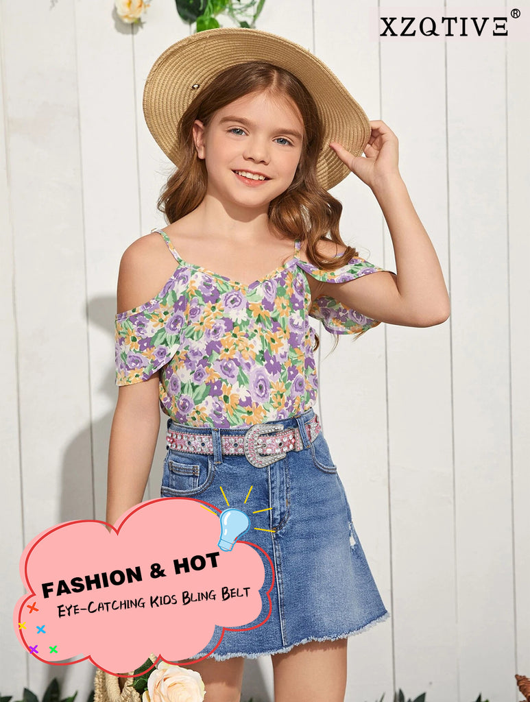 Kids Fashion Rhinestone Shiny Crystal Studded Leather Belts