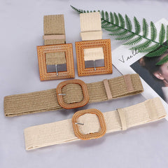 Set of 4 Straw Woven Elastic Stretch Waist Belts for Women, Fashion Boho Ladies Braided Skinny Dress Belt