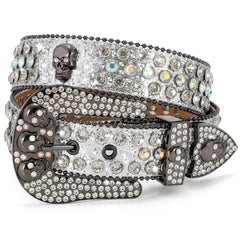 Halloween Rhinestones Belt for Men Women, Skulls Western Leather Belt Wide Buckle Shining Cowgirl Cowboy Studded Belts for Jeans