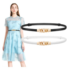 2 Pack Women Skinny Leather Belts Thin Waist Belts for Dresses with Golden Buckle