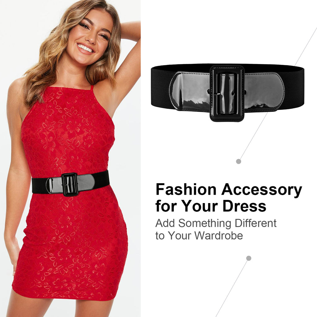 Women Stretchy Waist Belt Patent Leather 2.95” Wide Simple Square Buckle by JASGOOD 
