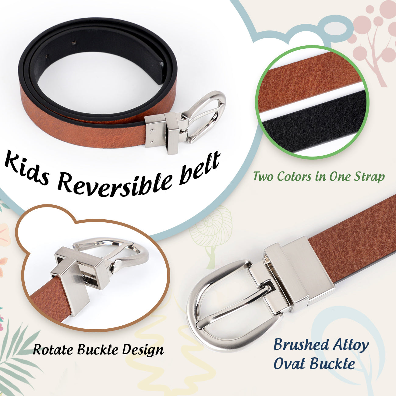 JASGOOD Kids Leather Reversible Belt, Boys Casual Belt for Jeans School Uniform with Rotated Buckle 