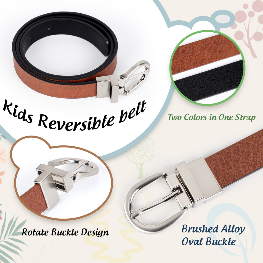 JASGOOD Kids Leather Reversible Belt, Boys Casual Belt for Jeans School Uniform with Rotated Buckle 