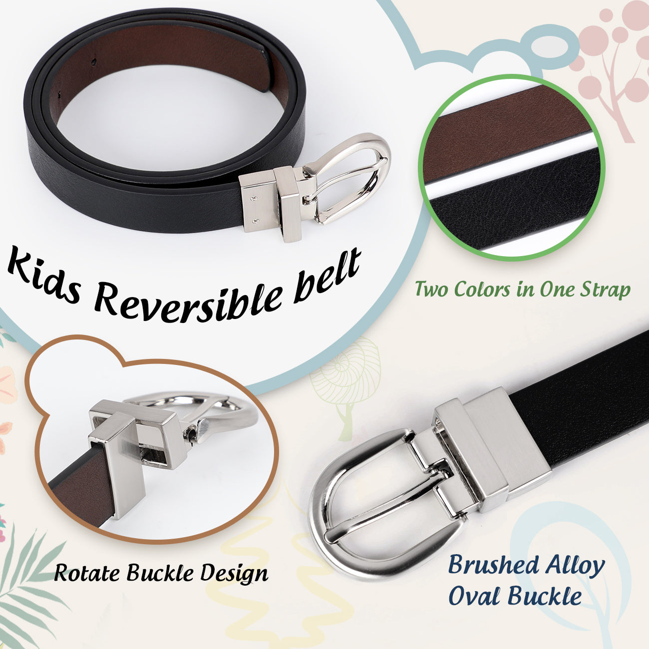 JASGOOD Kids Leather Reversible Belt, Boys Casual Belt for Jeans School Uniform with Rotated Buckle 
