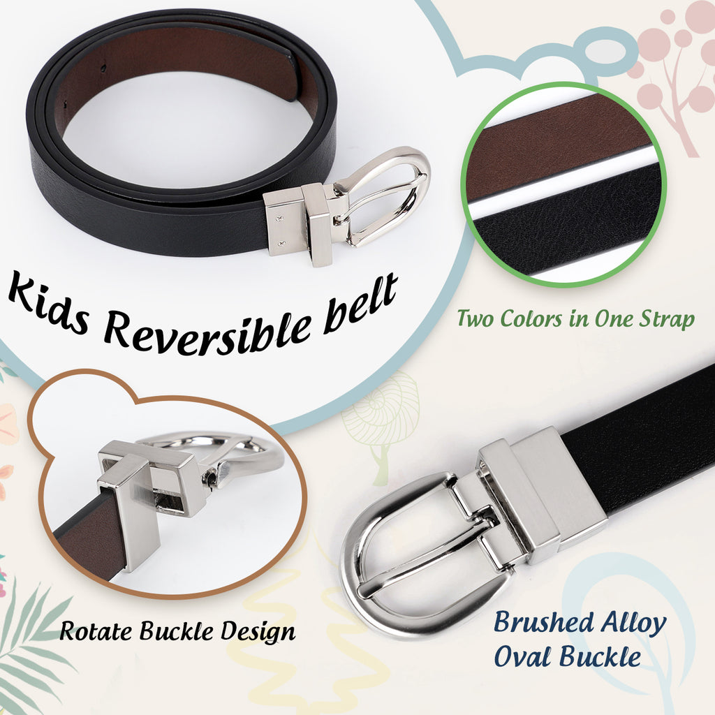 JASGOOD Kids Leather Reversible Belt, Boys Casual Belt for Jeans School Uniform with Rotated Buckle 