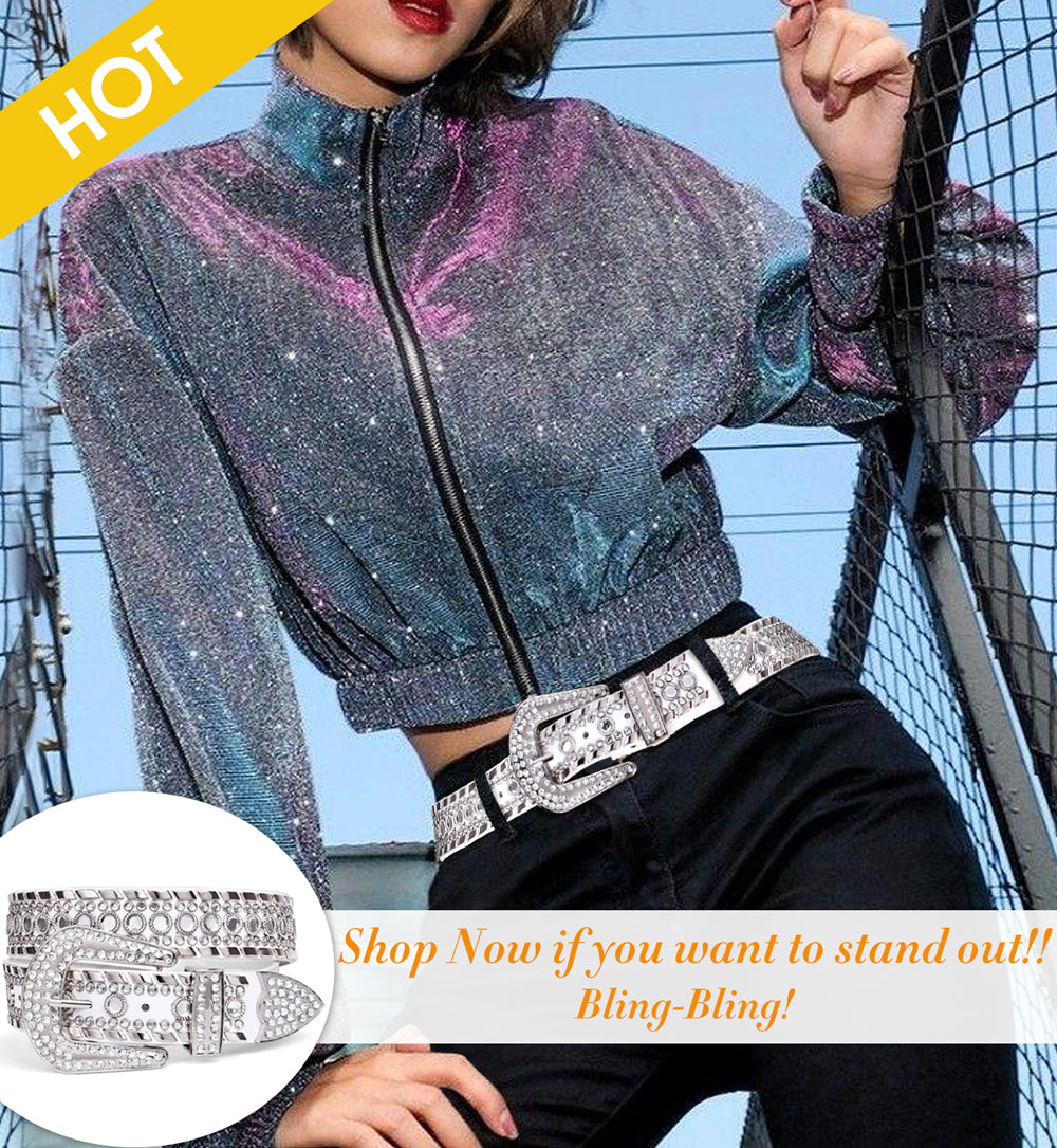 Women Halloween Rhinestone Studded Western Leather Belt Ladies Vintage Bling Cowgirl Waist Belt for Jeans Dress - JASGOOD OFFICIAL