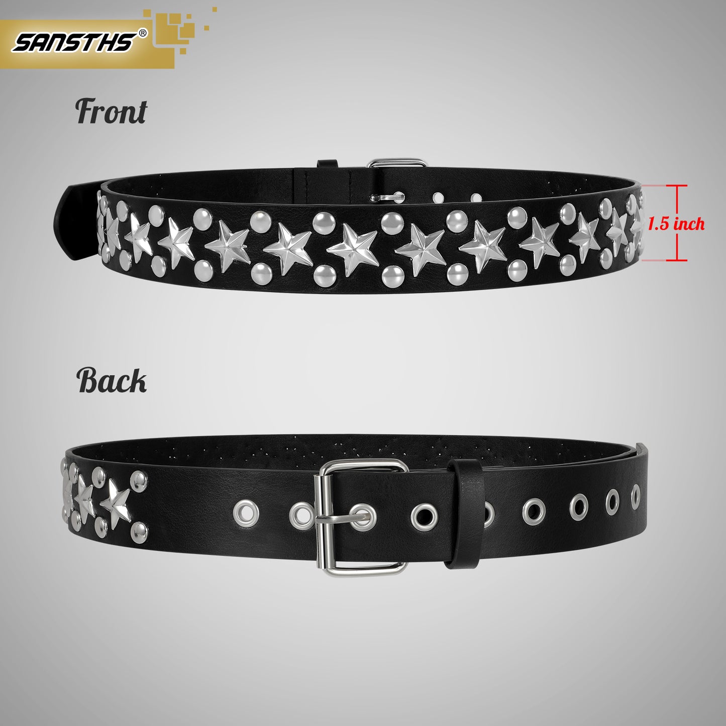 Punk Rivet Studded Belt Goth Row Pyramid Square Bead PU Leather Vintage Punk Rock Grommet Belt for Jeans Pants - JASGOOD OFFICIAL