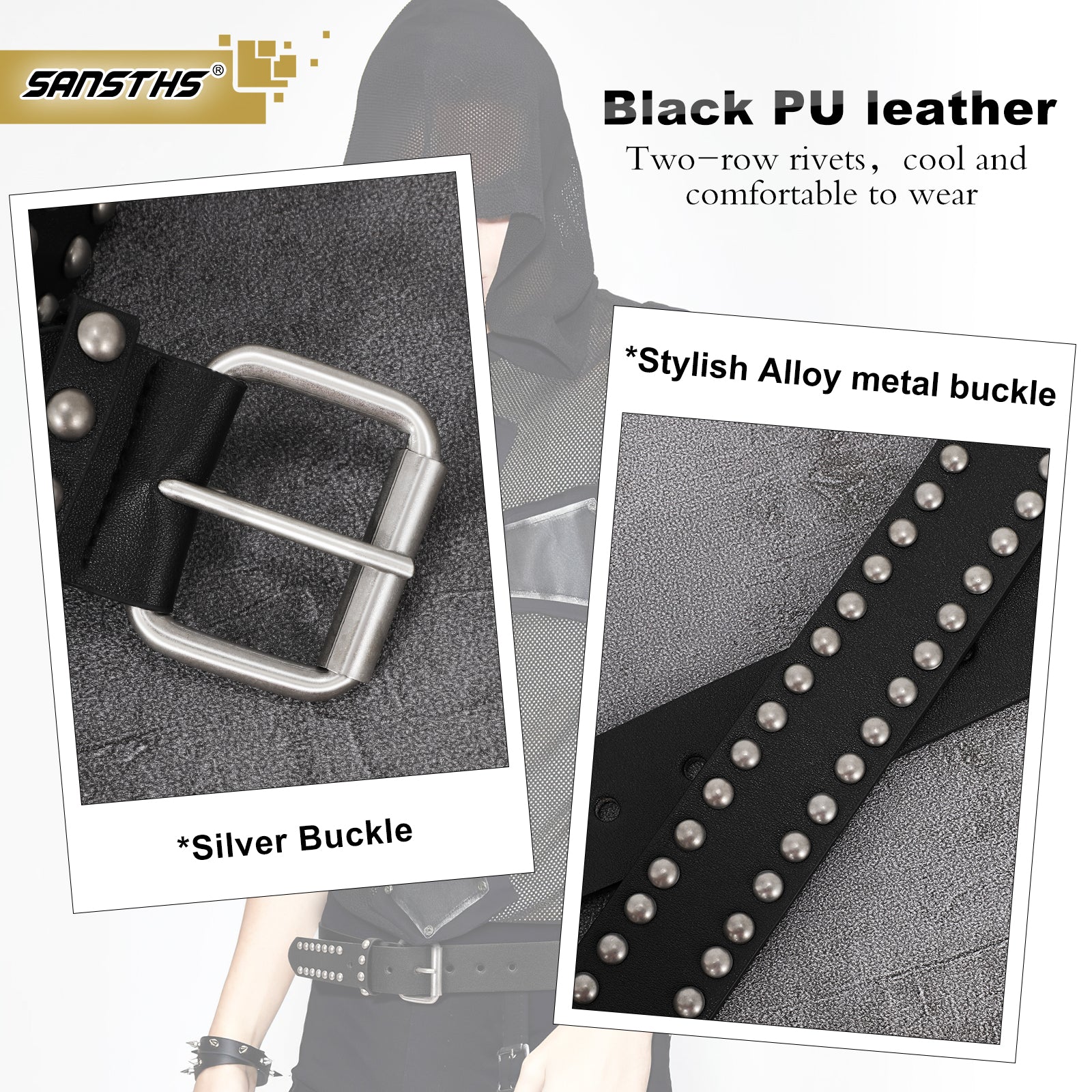 Punk Rivet Studded Belt Goth Row Pyramid Square Bead PU Leather Vintage Punk Rock Grommet Belt for Jeans Pants - JASGOOD OFFICIAL