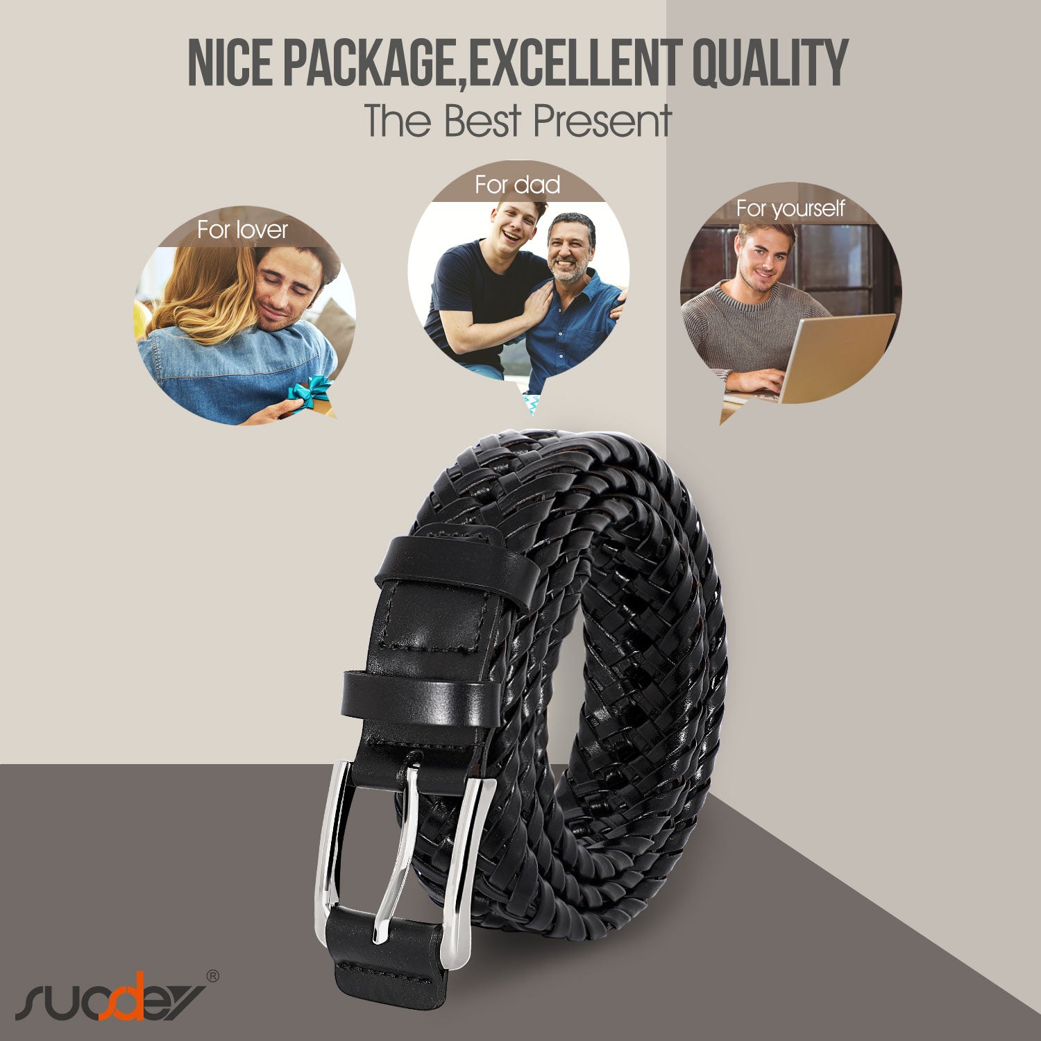 Men’s Leather Braided Belt Cowhide Leather Woven Belt for Jeans - JASGOOD OFFICIAL