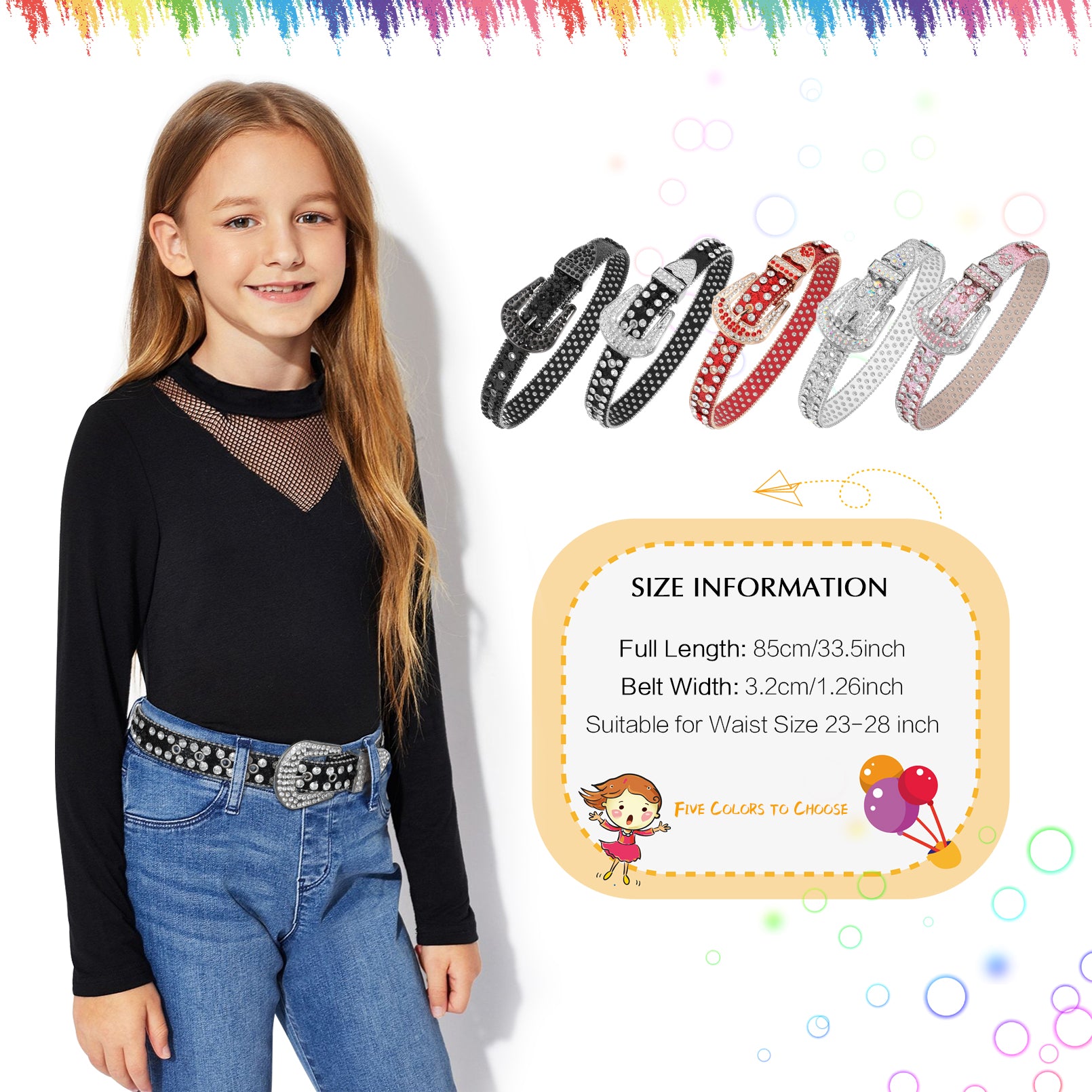 Kids Fashion Rhinestone Shiny Crystal Studded Leather Belts - JASGOOD OFFICIAL