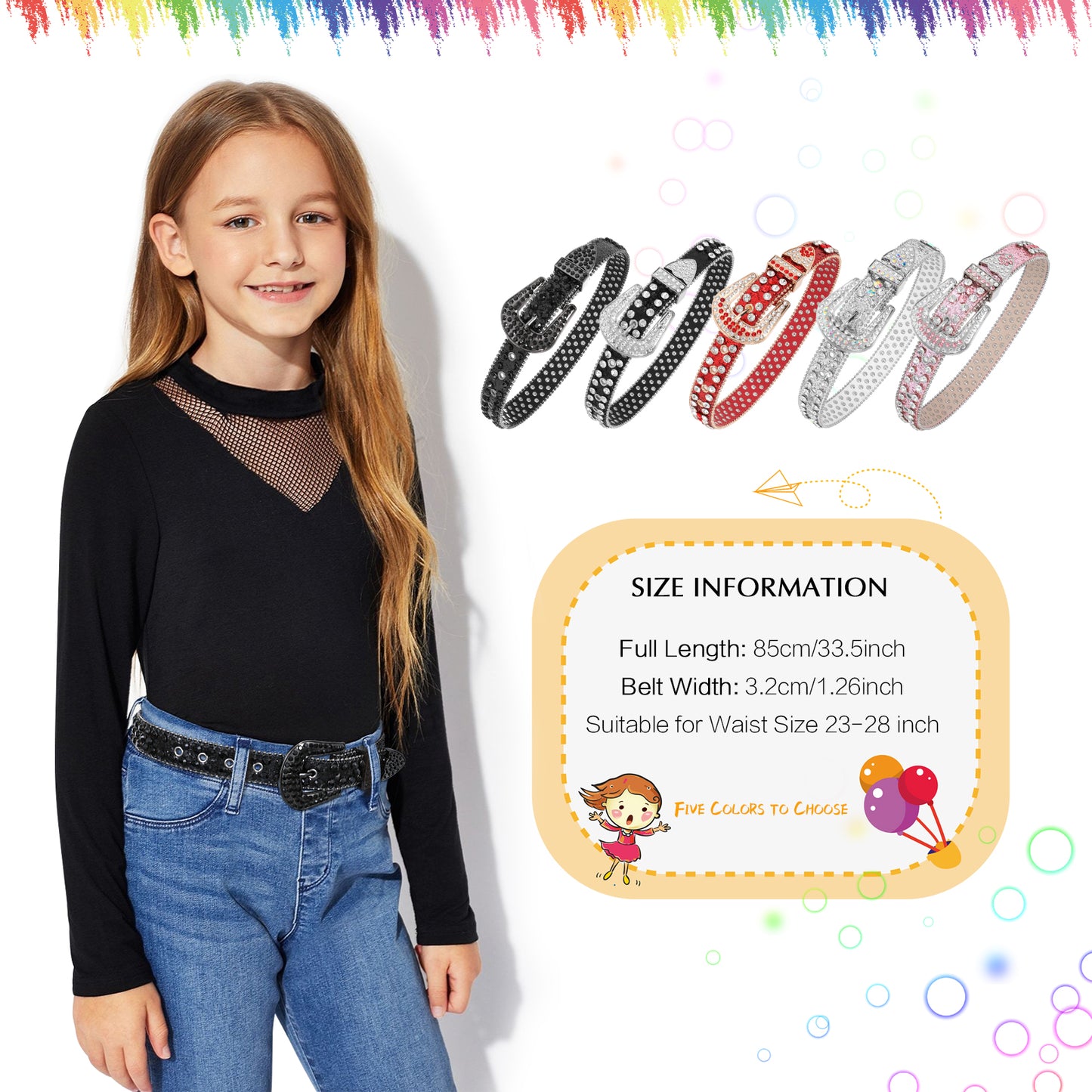 Kids Fashion Rhinestone Shiny Crystal Studded Leather Belts