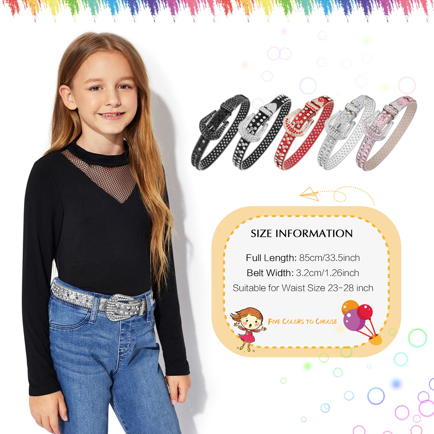 Kids Fashion Rhinestone Shiny Crystal Studded Leather Belts