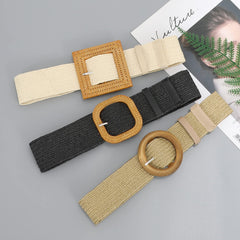 Set of 4 Straw Woven Elastic Stretch Waist Belts for Women, Fashion Boho Ladies Braided Skinny Dress Belt