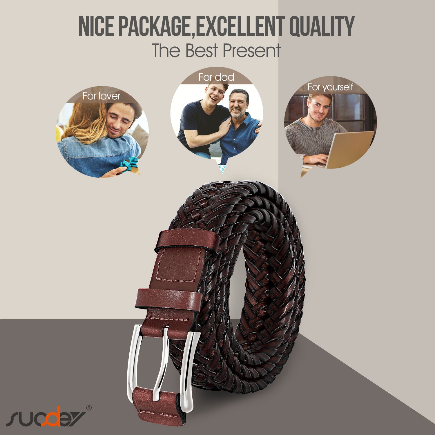 Men’s Leather Braided Belt Cowhide Leather Woven Belt for Jeans - JASGOOD OFFICIAL