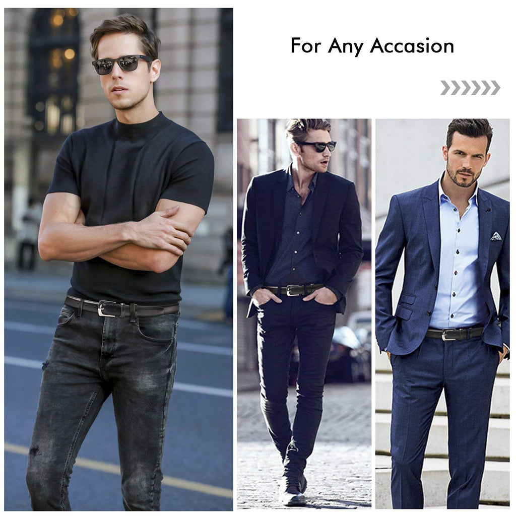 Men's Dress Belt Genuine Leather Black Design Belt with Prong Buckle Elegant Gift Box 